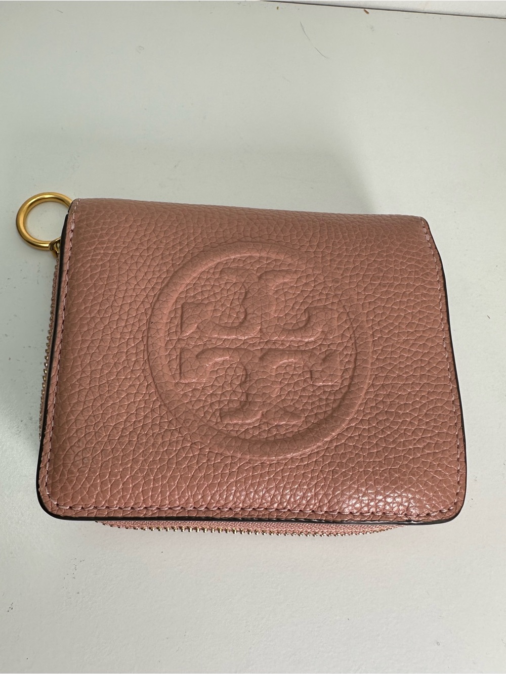 Tory Burch Pebbled Logo Zip Wallet in Rose